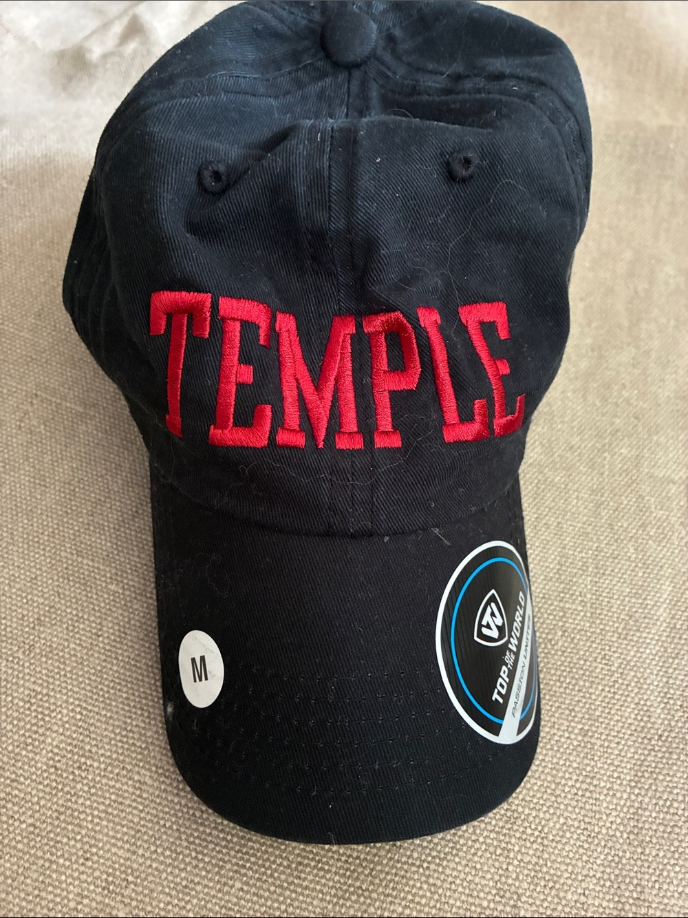 Top of the World Navy Hat with Red TEMPLE Embroidery